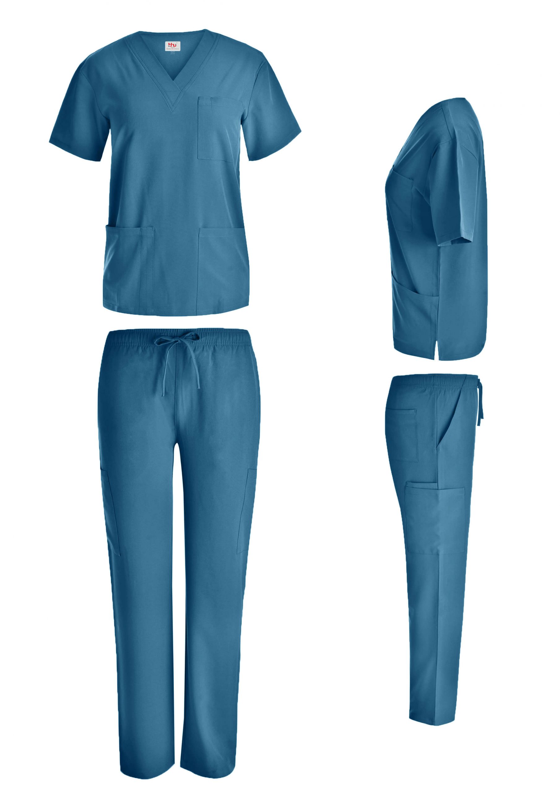 Caribbean Blue Unisex V-Neck Stretch Scrub Top With Multi-Pocket Stretch Pants