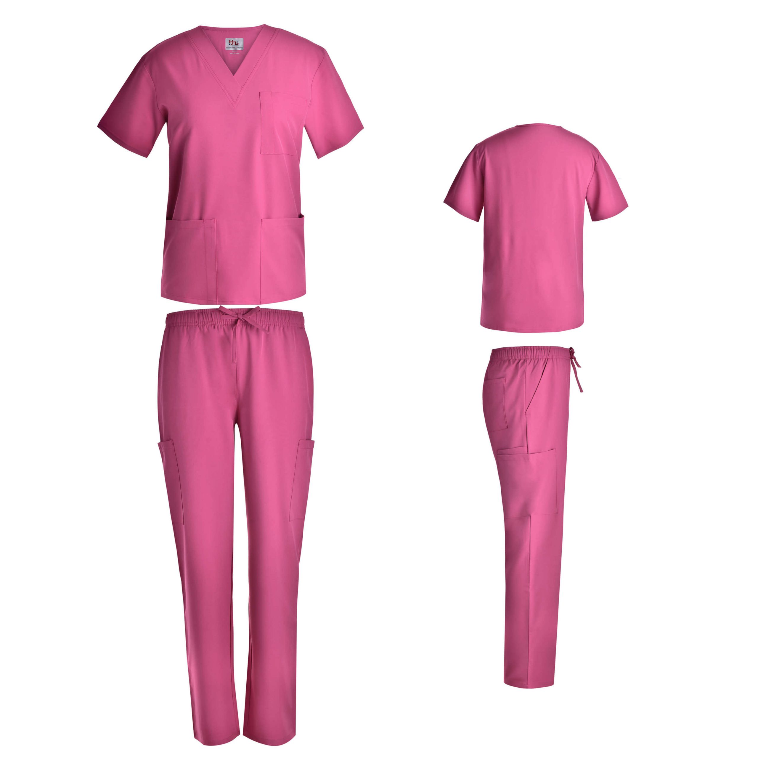 Fuschia Unisex V-Neck Stretch Scrub Top With Multi-Pocket Stretch Pants