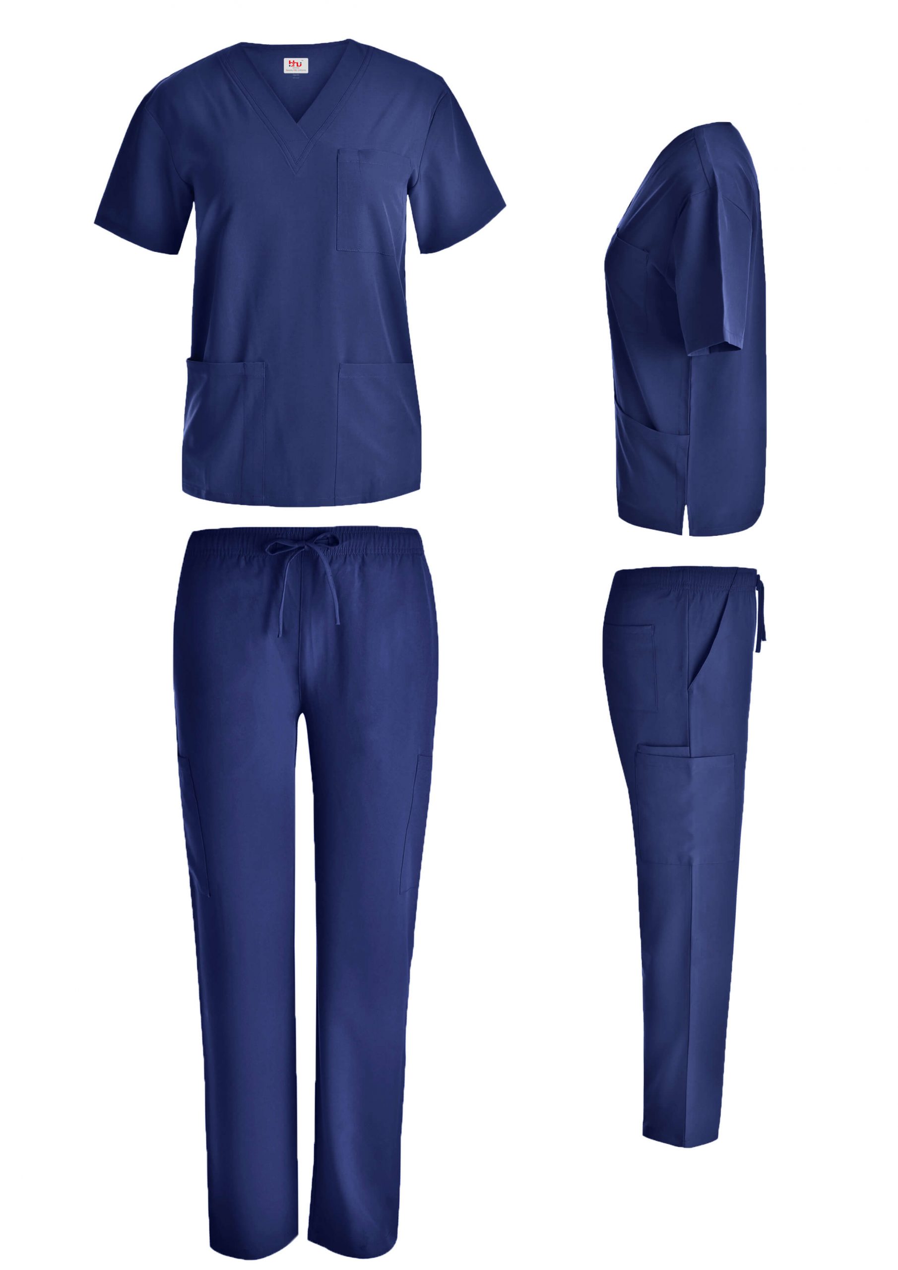 Navy Blue Unisex V-Neck Stretch Scrub Top With Multi-Pocket Stretch Pants
