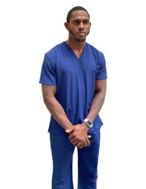 Navy Blue Unisex V-Neck Stretch Scrub Top With Multi-Pocket Stretch Pants