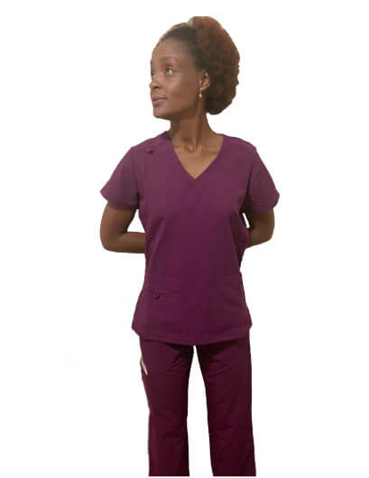 Wine Women's Stylish V-Neck Stretch Top With Straight Leg Stretch Pants